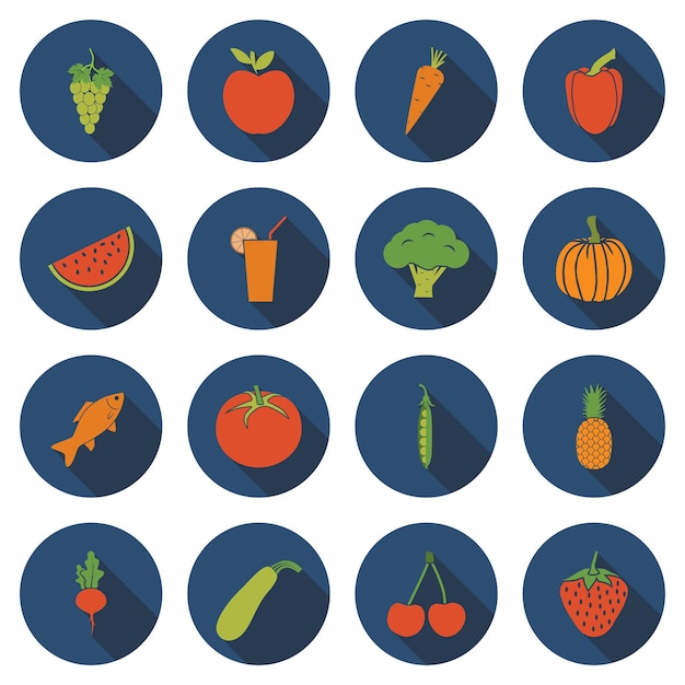 Set healthy food Set icons berries fruits vegetables juice and fish in flat design with a long shadow Vector illustration
