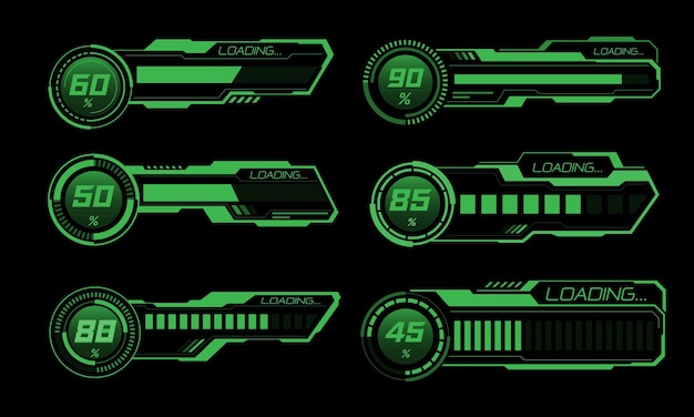 Set HUD modern loading progress bars user interface elements technology cyber green black futuristic