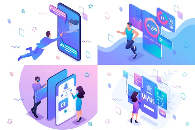 Set isometric concept of user interface development testing and use by users For website