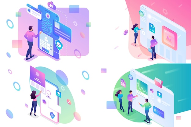 Set isometric teenagers working on a tablet and on a mobile phone screen for website