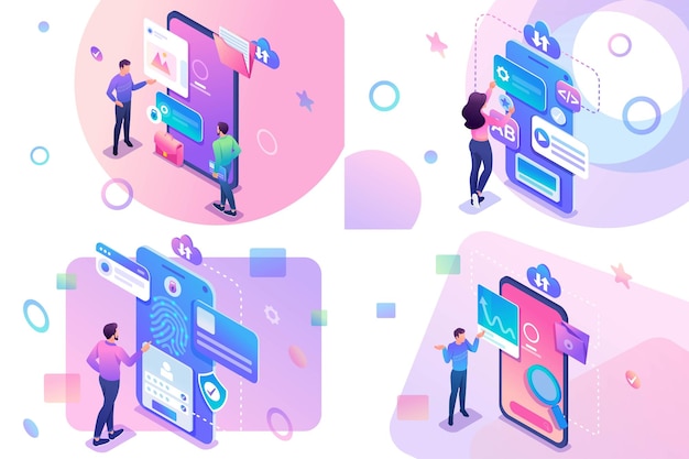 Set isometric with young teenagers information search protection mobile app development For website