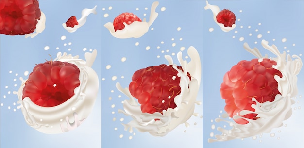 Set milk splashes with raspberry. 3D realistic raspberry. Splash milk or yogurt. Fruits cocktail.