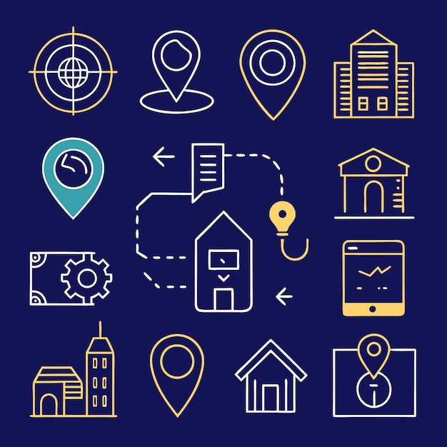 Set of 12 outline icons related to location building house and business