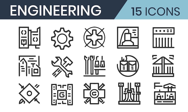 set of 15 outline icons related to engineering linear icon collection editable stroke