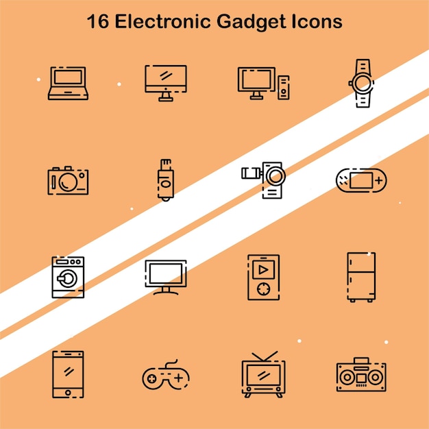 Set of 16 electronic gadget icons representing various tech devices and modern tools