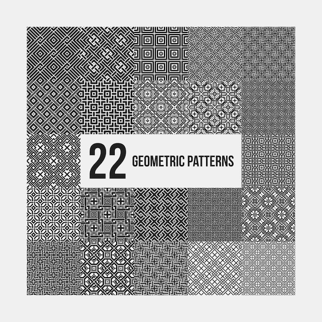 Set of 22 complex monochrome geometric patterns. Seamless backgrounds, useful for textile design.