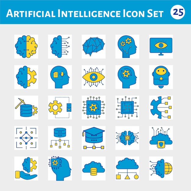 Set Of 25 Artificial Intelligence Icon Set In Blue And Yellow Color