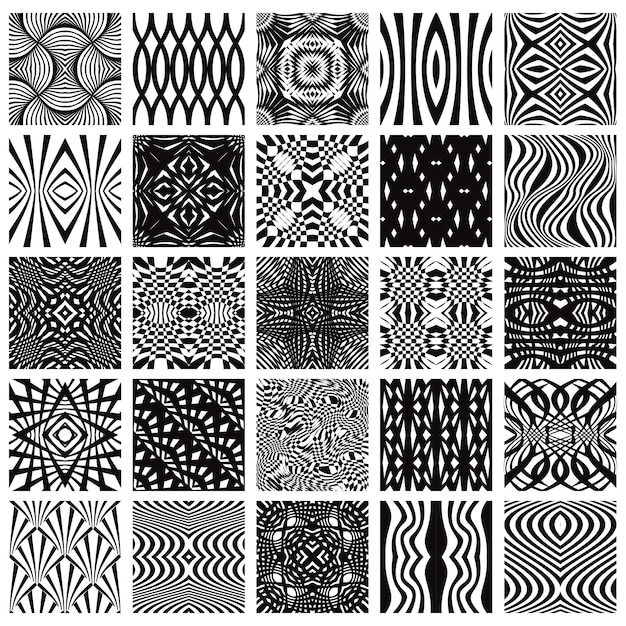 Set of 25 black and white geometric seamless patterns, vector backgrounds collection.