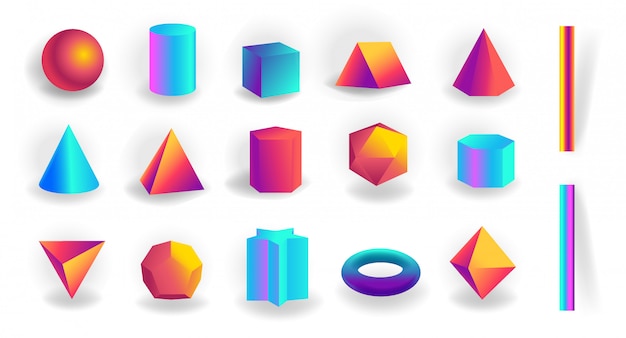 set of 3d geometric shapes and editable strokes with holographic gradient isolated