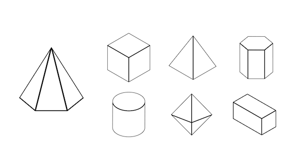 Set of 3D geometric shapes Isometric outline views