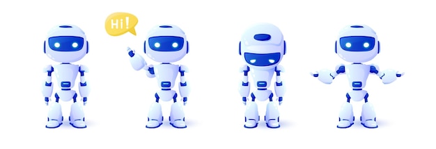 Set of 3d robots in different views Online communication with artificial intelligence chat bot Modern technology Online consultation