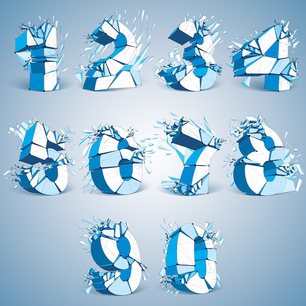 Set of 3d vector digital wireframe blue numbers from 0 to 9 broken into different particles, geometric polygonal numeration with lines mesh. Low poly shattered typescript, lattice elements.