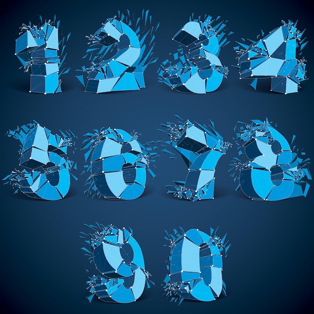 Set of 3d vector low poly blue numbers with white connected lines and dots, geometric wireframe luminescent font with fragments. Perspective shattered numeration with thread.