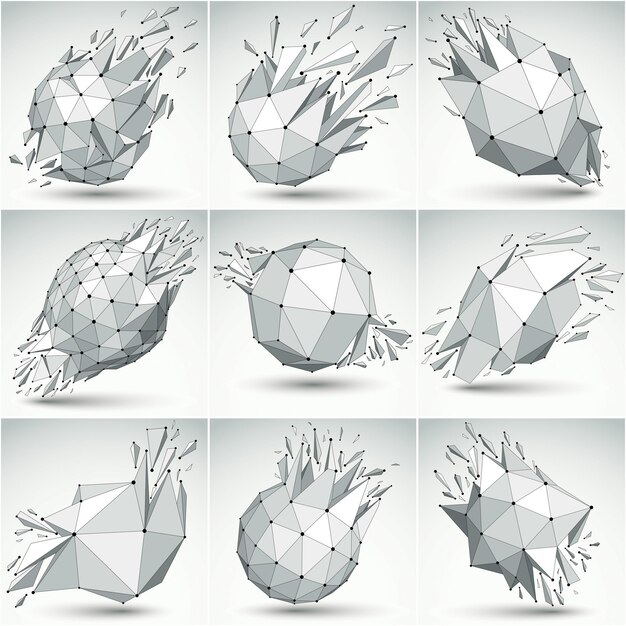 set of 3d vector low poly objects with black connected dotted lines, collection of geometric wireframe shapes with fragments. faceted perspective shattered forms.