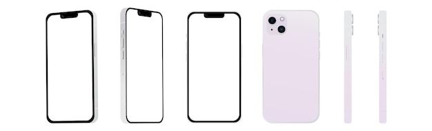 Set of 6 different angles Purple smartphone 14 models new IT industry mockup for web design on a white background Vector