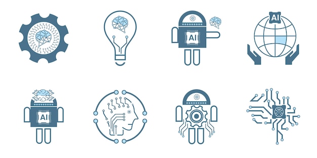 set of 8 artificial intelligence line icons 8 ai for technology symbols concepts and 8 cybernetic