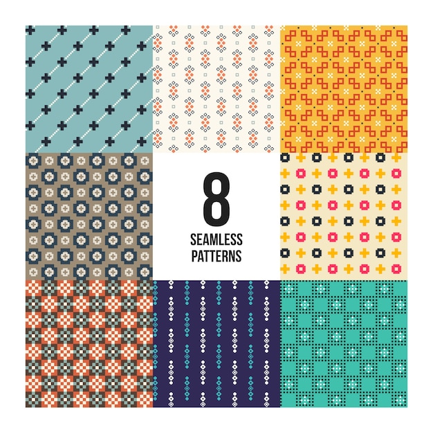 set of 8 colorful pixelated patterns.