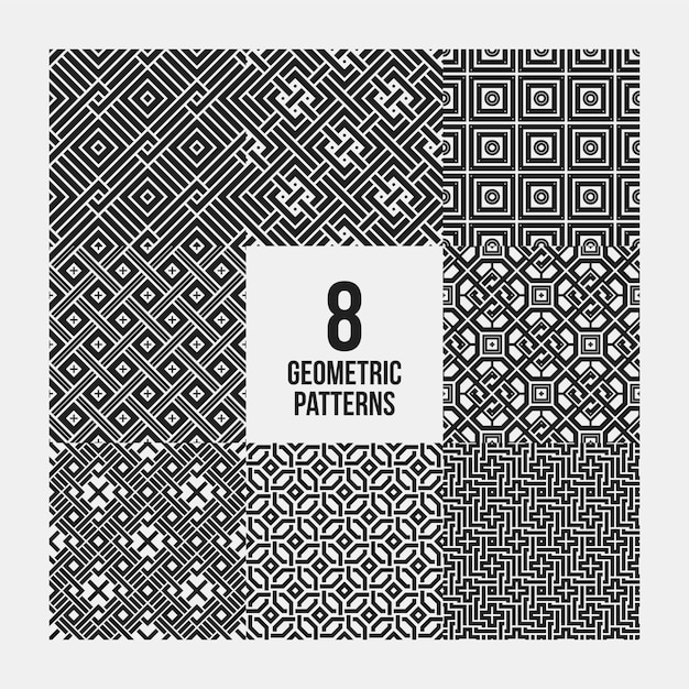 Set of 8 complex monochrome geometric patterns. Seamless backgrounds, useful for textile design.