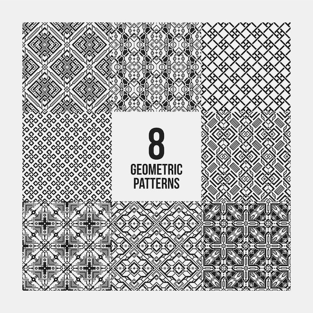 Set of 8 complex monochrome geometric patterns. Seamless backgrounds, useful for textile design.