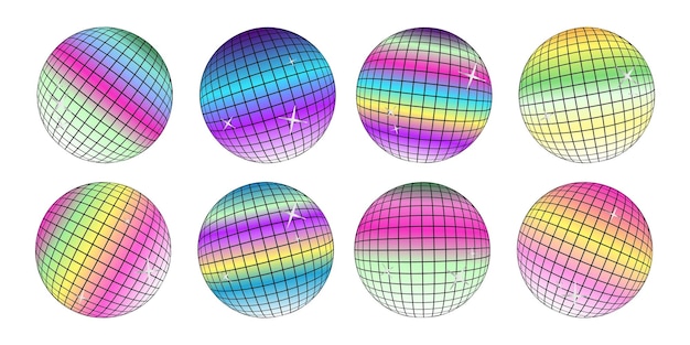 Set of 8 vector disco balls with silver glitter gradient colors of rainbow lgbt and unicorns