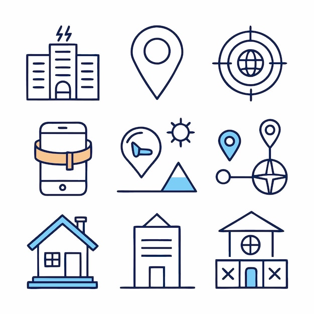 Set of 9 line icons of buildings houses and location markers