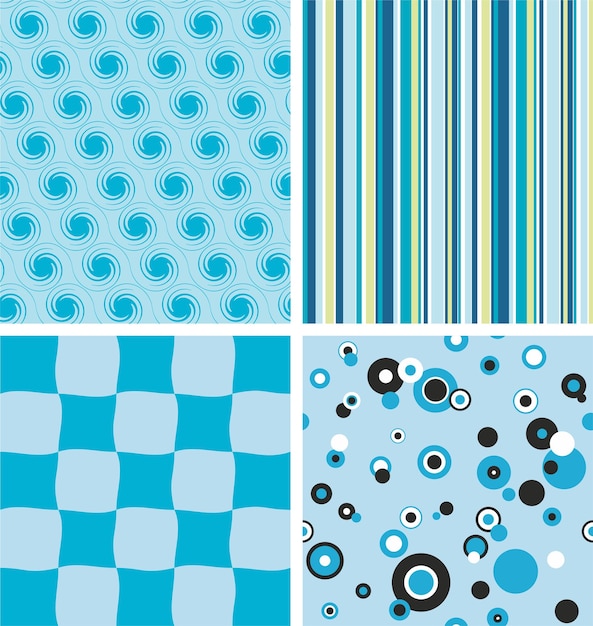 set of abstract blue seamless patterns retro 70's backgrounds