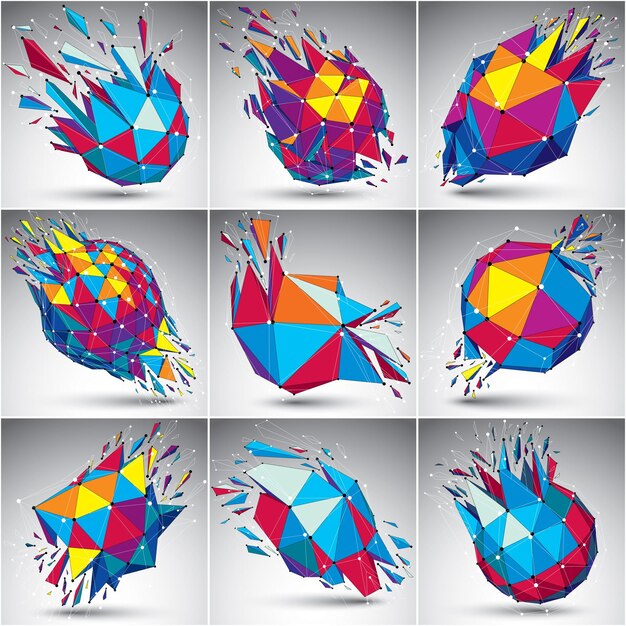 Set of abstract colorful vector low poly wrecked objects, Black and white connected lines and dots. 3d origami futuristic forms with lines mesh. Communication technology cybernetic elements.
