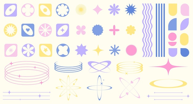 set of abstract retro futuristic colorful elements and shapes brutalism y2k style