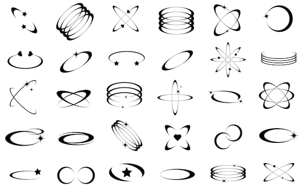 Set of abstract retro futuristic Y2K elements and shapes ellipse isolated on a white background