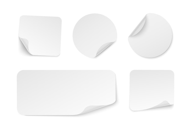 Set of adhesive stickers with curved corner Realistic white paper round and square stickers