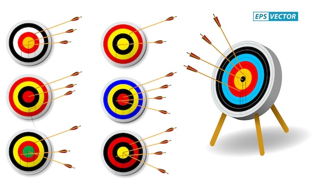 set of archery target with arrows in white background isolated eps vector