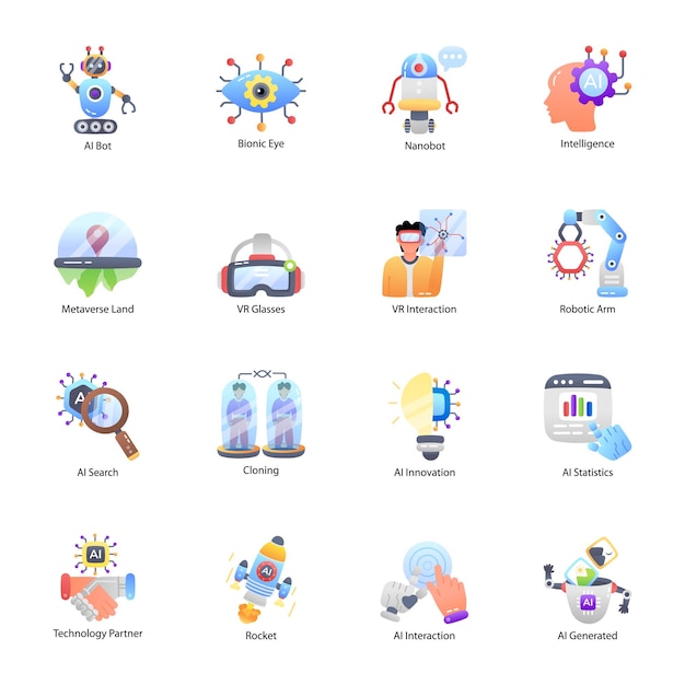 Set of Artificial Intelligence and Robotics Flat Icons