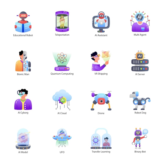 Set of Artificial Intelligence and Robotics Flat Icons