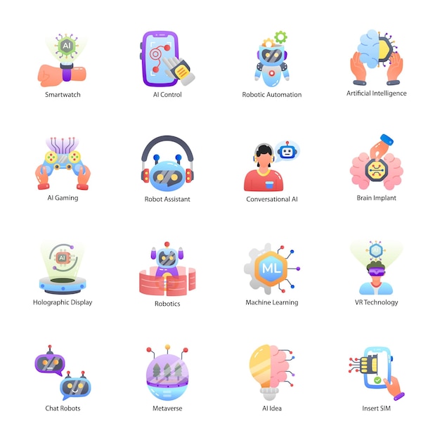 Set of Artificial Intelligence and Robotics Flat Icons