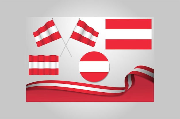 Set Of Austria Flags In Different Designs Icon Flaying Flags With ribbon With Background