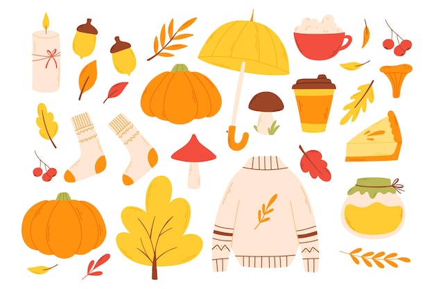 Set of autumn elements in a flat style Hand drawn hello autumn collection Vector illustration