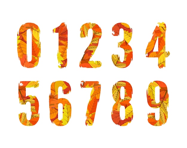 set of autumn numbers paint brush silhouette filled with leaves pattern