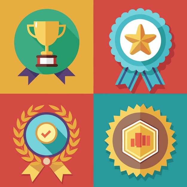 Set of Awards with Trophies and Ribbons