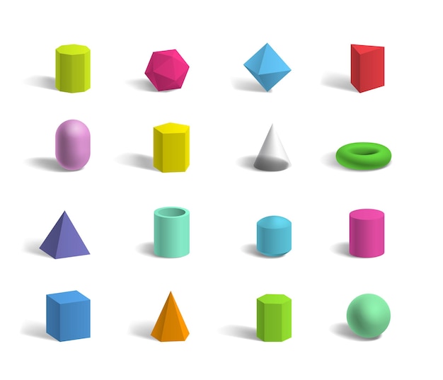 set of basic 3d geometric shapes colorful sphere, torus, cube, pyramids, hexagon and pentagon