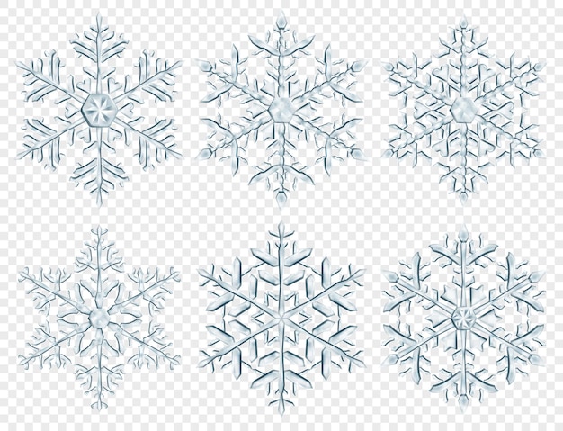 Set of big complex translucent Christmas snowflakes in gray colors isolated on transparent background