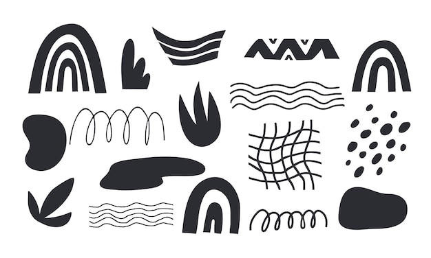 set of black abstract shapes and textures for design in doodle style
