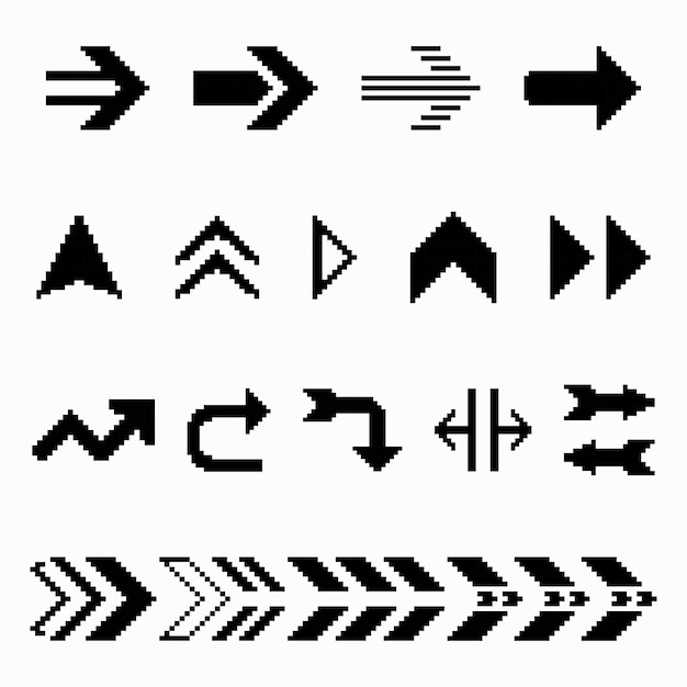Set of black arrow pixel art vector 8 bit