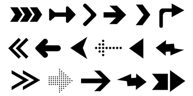 Set of black arrows in various styles including geometric dotted and curved