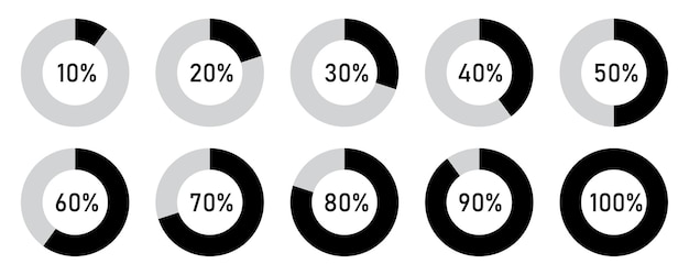 Set of black infographic percentage pie chart icons Set of round infographics Frome 10 to 100