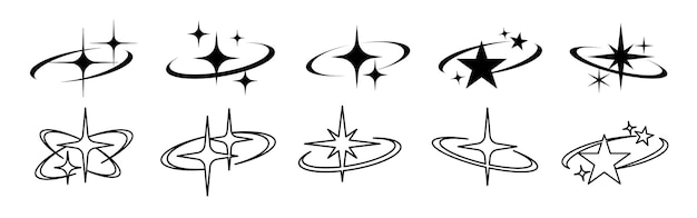 Set of black star icons with rings and sparkles Star designs with rings sparkles and varied styles Star icons featuring rings and sparkles in black Sparkles element vector set