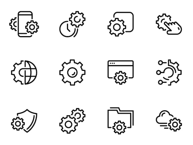Set of black vector icons isolated on white background on theme Setting and technical specifications
