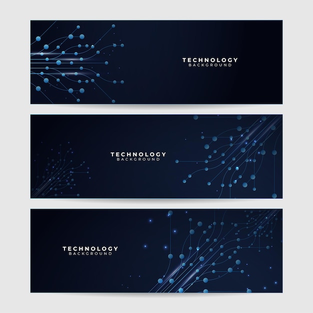 Set of blue futuristic science technology network particles waves lines mesh AI banner background Vector abstract graphic design banner pattern background web template