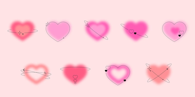Set of blurred pink gradient hearts with linear shape and stars trendy y2k style design template Modern minimalistic style Social media or logo elements