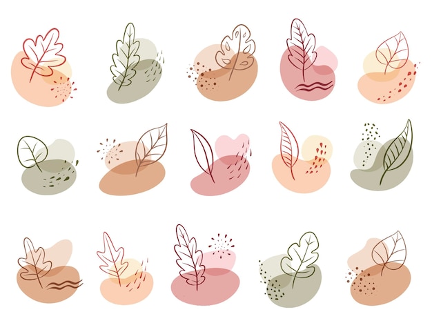 set of boho abstract shape with leaves and dots ornaments