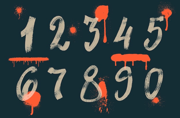 set of bold brush drawn grunge white numbers hand drawn dirty textured numbers